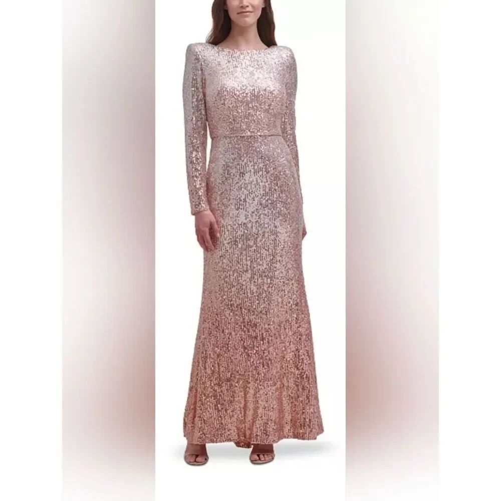 Eliza J Ombré Long Sleeve Sequinned Gown NWT Size 6 Pink And Silver